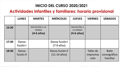 Horarios infantiles Septiembre 2020